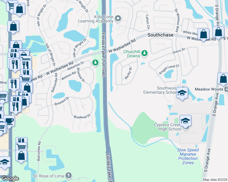 map of restaurants, bars, coffee shops, grocery stores, and more near 12422 Sion Court in Orlando