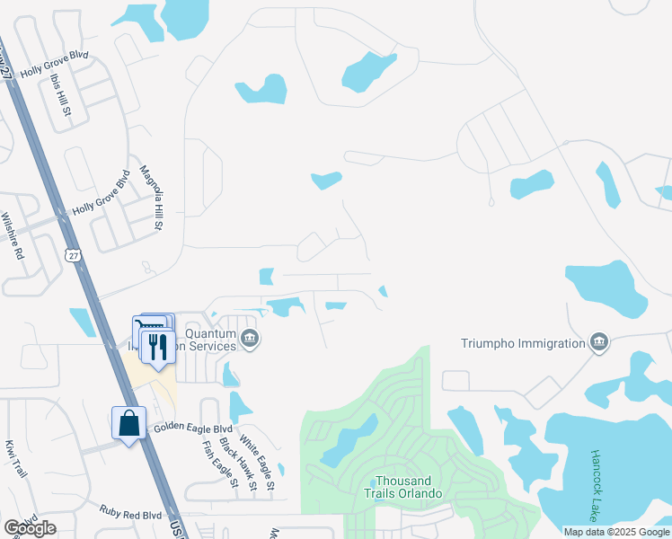 map of restaurants, bars, coffee shops, grocery stores, and more near 16653 Broadford Lane in Clermont