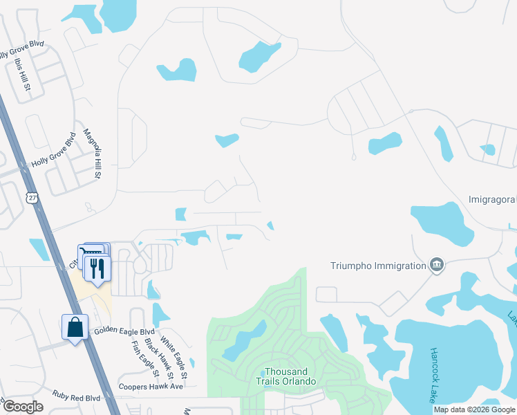 map of restaurants, bars, coffee shops, grocery stores, and more near 16745 Broadford Lane in Clermont