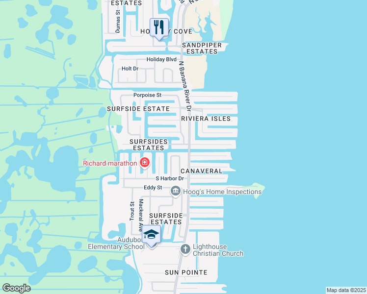 map of restaurants, bars, coffee shops, grocery stores, and more near 1585 West Central Avenue in Merritt Island