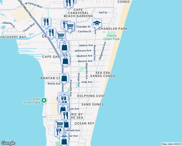 map of restaurants, bars, coffee shops, grocery stores, and more near 404 Tyler Avenue in Cape Canaveral