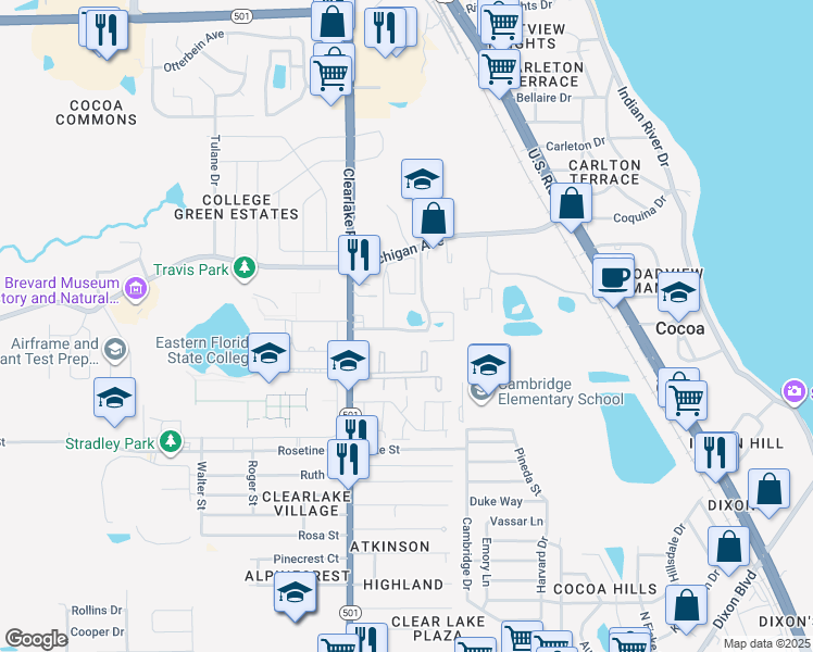 map of restaurants, bars, coffee shops, grocery stores, and more near 1804 University Lane in Cocoa