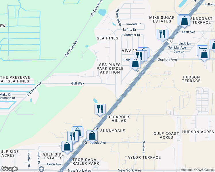 map of restaurants, bars, coffee shops, grocery stores, and more near 8400 Gulf Way in Hudson