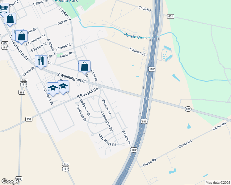 map of restaurants, bars, coffee shops, grocery stores, and more near 2300 South Washington Street in Beeville