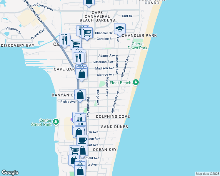 map of restaurants, bars, coffee shops, grocery stores, and more near 425 Harrison Avenue in Cape Canaveral