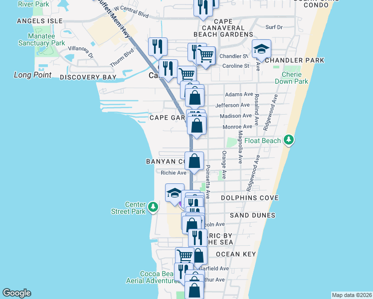 map of restaurants, bars, coffee shops, grocery stores, and more near 7620 North Atlantic Avenue in Cape Canaveral