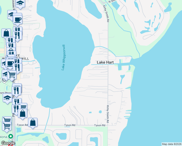 map of restaurants, bars, coffee shops, grocery stores, and more near 12454 Kirby Smith Road in Orlando