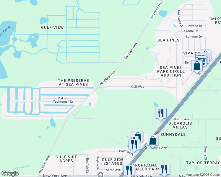 map of restaurants, bars, coffee shops, grocery stores, and more near 7840 Gulf Way in Hudson