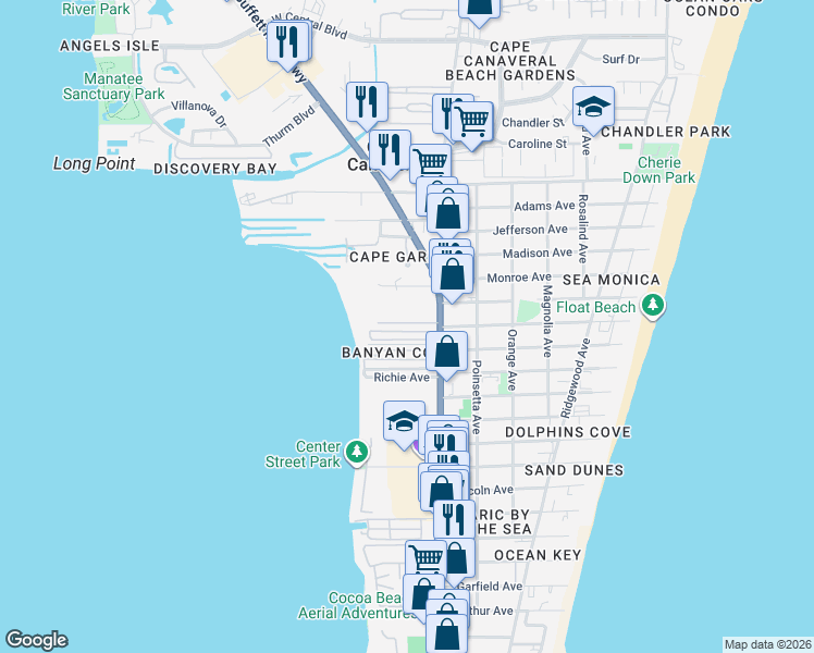 map of restaurants, bars, coffee shops, grocery stores, and more near 4 Carver Drive in Cape Canaveral