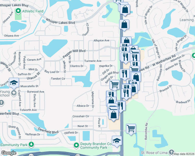 map of restaurants, bars, coffee shops, grocery stores, and more near 12494 Coriander Drive in Orlando