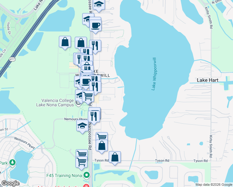 map of restaurants, bars, coffee shops, grocery stores, and more near 12345 Narcoossee Road in Orlando