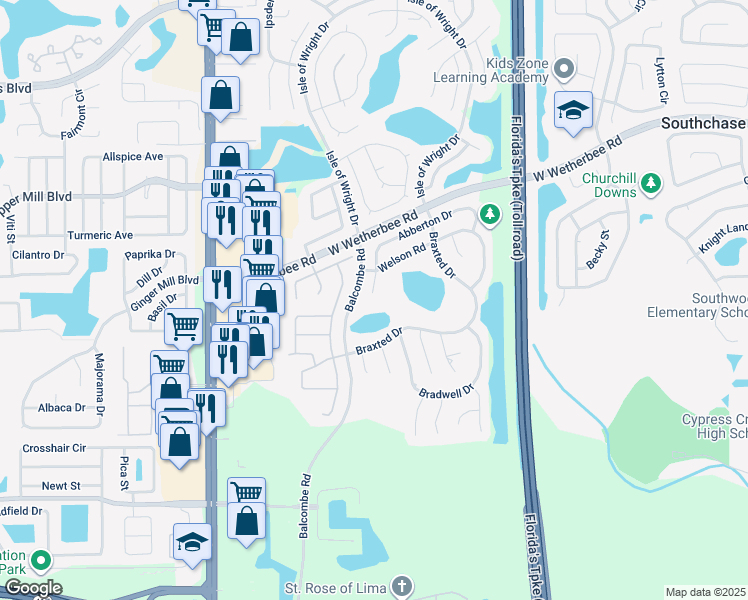 map of restaurants, bars, coffee shops, grocery stores, and more near 12329 Abberton Court in Orlando