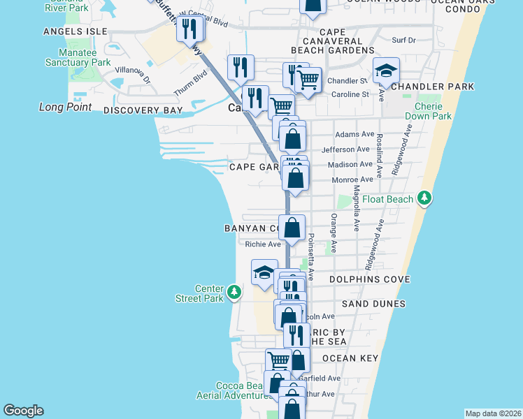 map of restaurants, bars, coffee shops, grocery stores, and more near 4 Carver Drive in Cape Canaveral