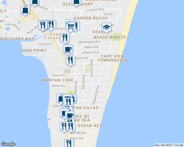 map of restaurants, bars, coffee shops, grocery stores, and more near 7699 Magnolia Avenue in Cape Canaveral