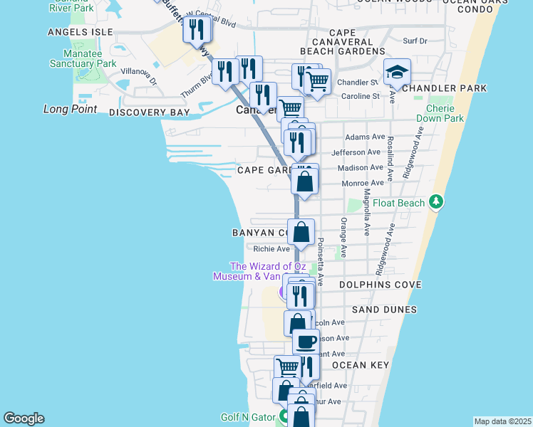 map of restaurants, bars, coffee shops, grocery stores, and more near 131 Majestic Bay Avenue in Cape Canaveral