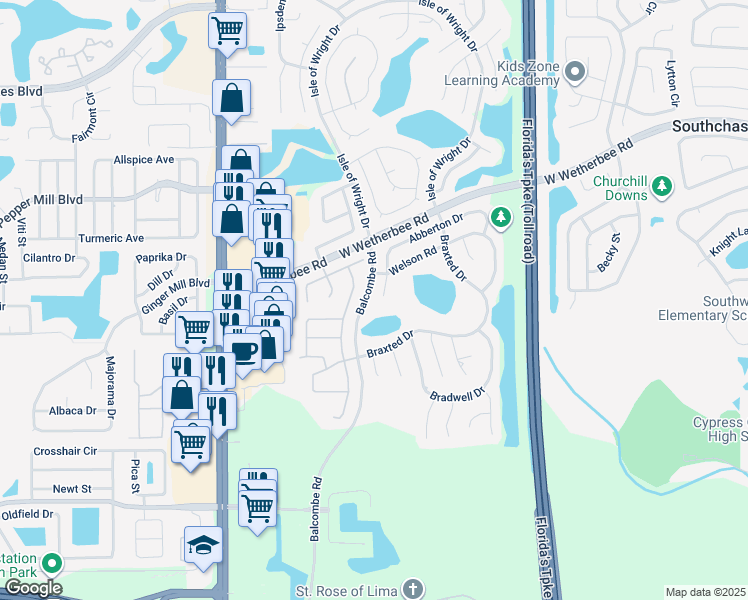 map of restaurants, bars, coffee shops, grocery stores, and more near 12329 Abberton Court in Orlando