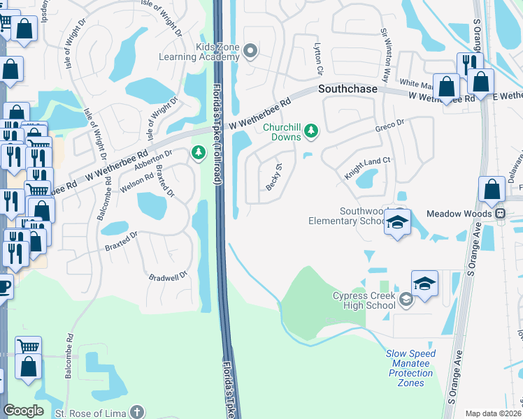 map of restaurants, bars, coffee shops, grocery stores, and more near 12402 Bohannon Boulevard in Orlando