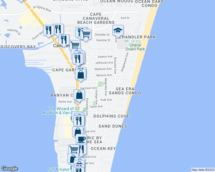 map of restaurants, bars, coffee shops, grocery stores, and more near 404 Tyler Avenue in Cape Canaveral