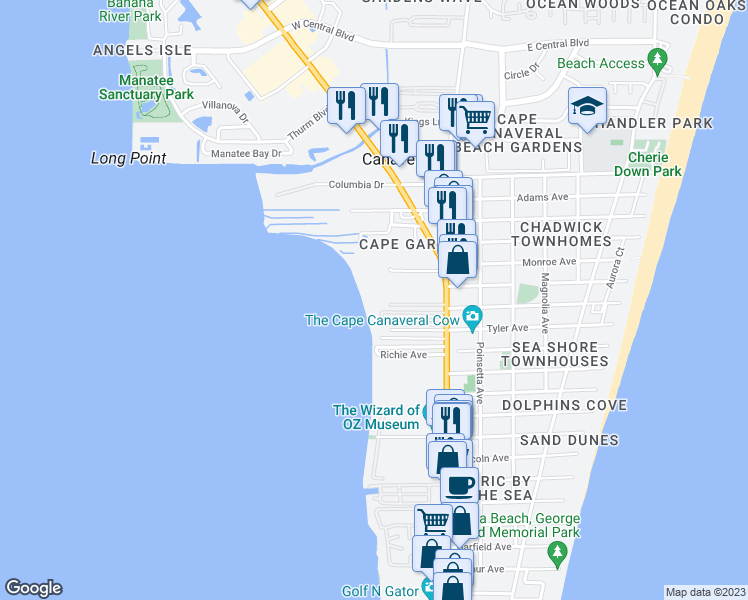 map of restaurants, bars, coffee shops, grocery stores, and more near 30 Carver Drive North in Cape Canaveral