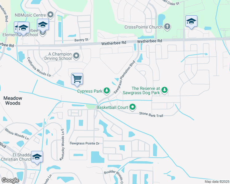 map of restaurants, bars, coffee shops, grocery stores, and more near Sawgrass Plantation Boulevard in Orlando