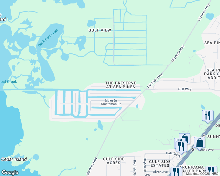 map of restaurants, bars, coffee shops, grocery stores, and more near 7438 Gulf Way in Hudson