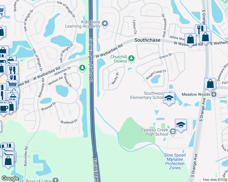 map of restaurants, bars, coffee shops, grocery stores, and more near 12402 Bohannon Boulevard in Orlando