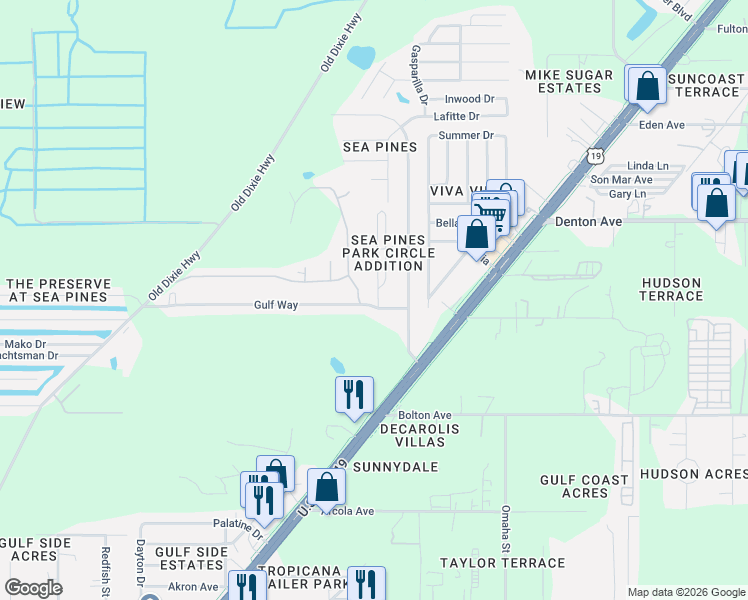 map of restaurants, bars, coffee shops, grocery stores, and more near 17 Gulf Way in Hudson