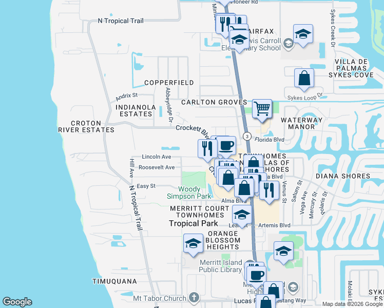 map of restaurants, bars, coffee shops, grocery stores, and more near in Merritt Island