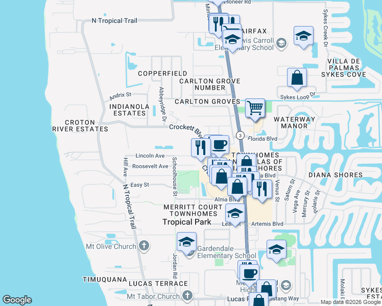map of restaurants, bars, coffee shops, grocery stores, and more near 340 Fisher Lane in Merritt Island