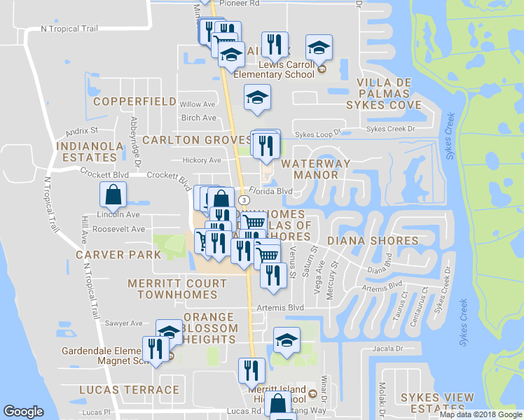 map of restaurants, bars, coffee shops, grocery stores, and more near 28 Bogart Place in Merritt Island