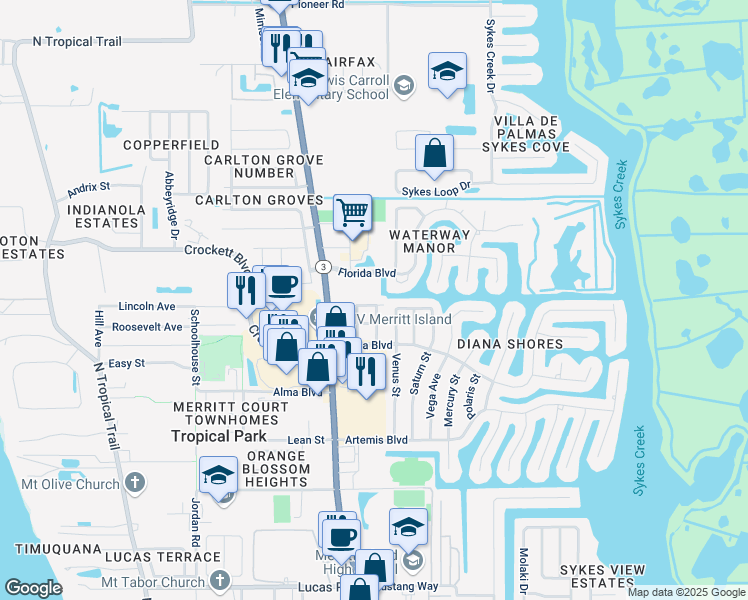 map of restaurants, bars, coffee shops, grocery stores, and more near 1750 North Courtenay Parkway in Merritt Island