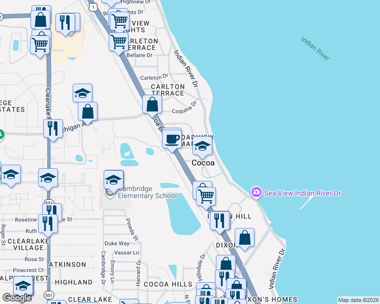 map of restaurants, bars, coffee shops, grocery stores, and more near 212 Beverly Road in Cocoa