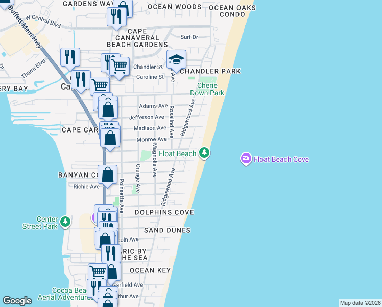 map of restaurants, bars, coffee shops, grocery stores, and more near 550 Jackson Avenue in Cape Canaveral
