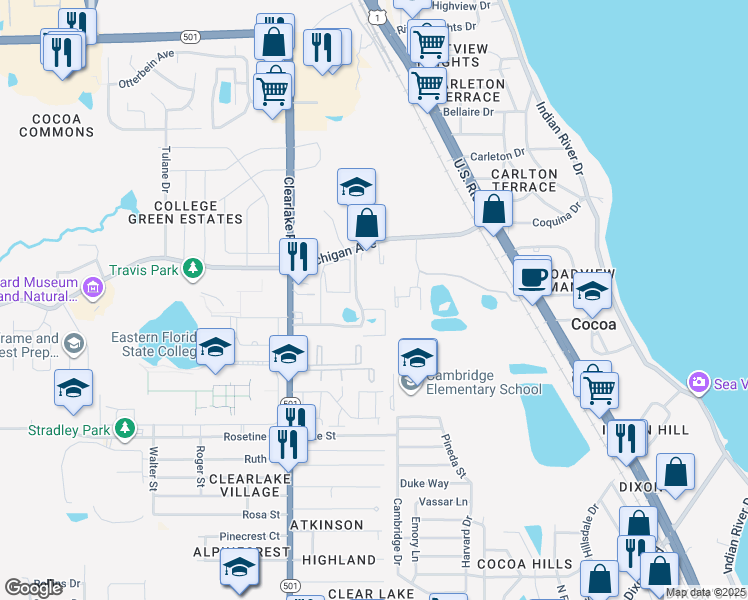 map of restaurants, bars, coffee shops, grocery stores, and more near 1708 University Lane in Cocoa