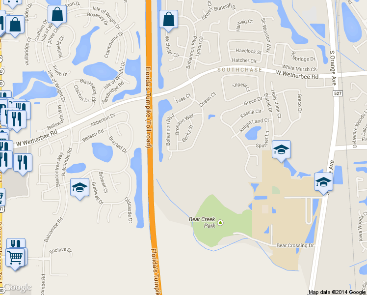 map of restaurants, bars, coffee shops, grocery stores, and more near 12413 Bohannon Boulevard in Orlando