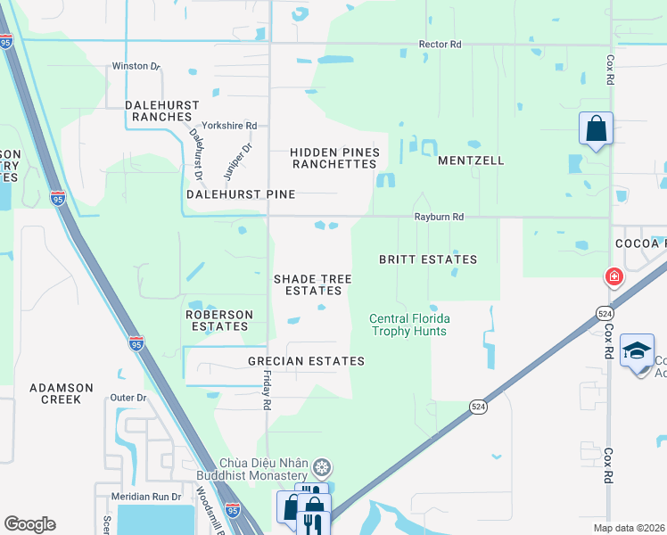 map of restaurants, bars, coffee shops, grocery stores, and more near 4910 Shade Tree Street in Cocoa