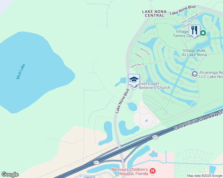 map of restaurants, bars, coffee shops, grocery stores, and more near 12375 Lake Nona Gateway Road in Orlando