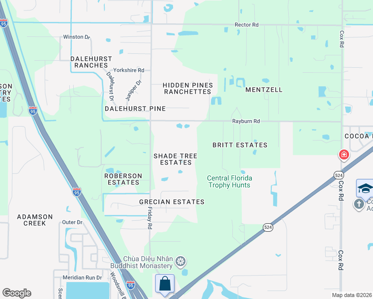 map of restaurants, bars, coffee shops, grocery stores, and more near 4910 Shade Tree Street in Cocoa