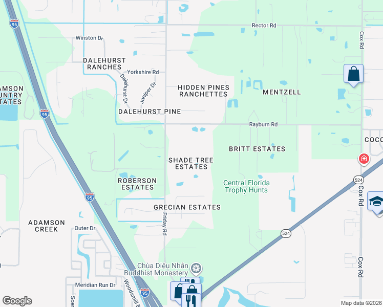 map of restaurants, bars, coffee shops, grocery stores, and more near 4940 Shade Tree Street in Cocoa