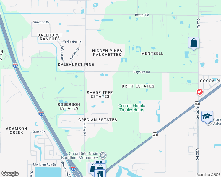 map of restaurants, bars, coffee shops, grocery stores, and more near 4910 Shade Tree Street in Cocoa