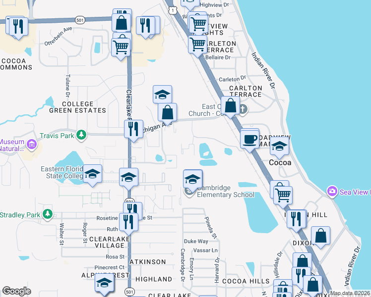 map of restaurants, bars, coffee shops, grocery stores, and more near 201 Saint Clair Drive in Cocoa