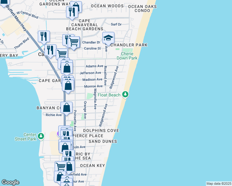 map of restaurants, bars, coffee shops, grocery stores, and more near 550 Jackson Avenue in Cape Canaveral