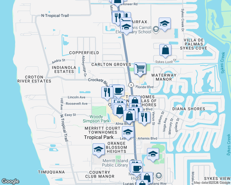 map of restaurants, bars, coffee shops, grocery stores, and more near 1765 Dogwood Drive in Merritt Island