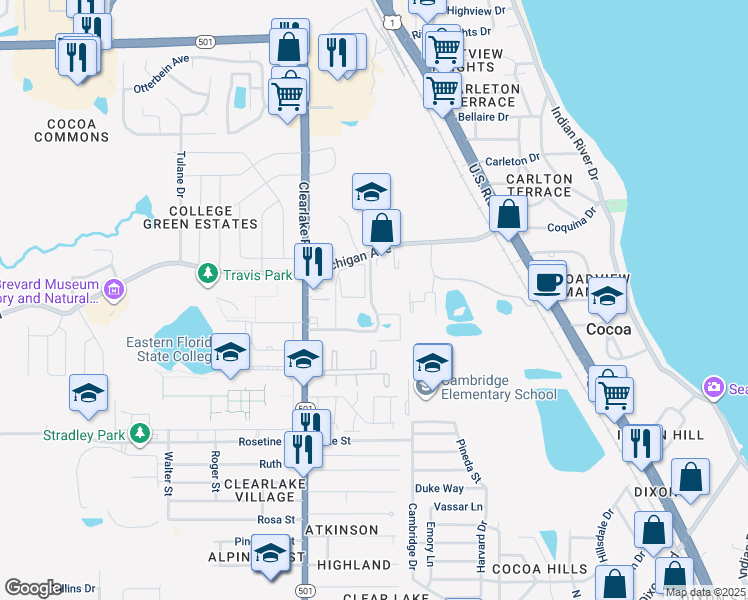 map of restaurants, bars, coffee shops, grocery stores, and more near 1802 University Lane in Cocoa