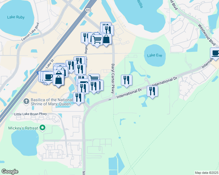 map of restaurants, bars, coffee shops, grocery stores, and more near 5156 International Drive in Orlando