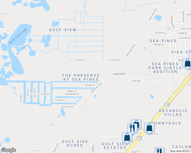 map of restaurants, bars, coffee shops, grocery stores, and more near 7711 Gulf Way in Hudson