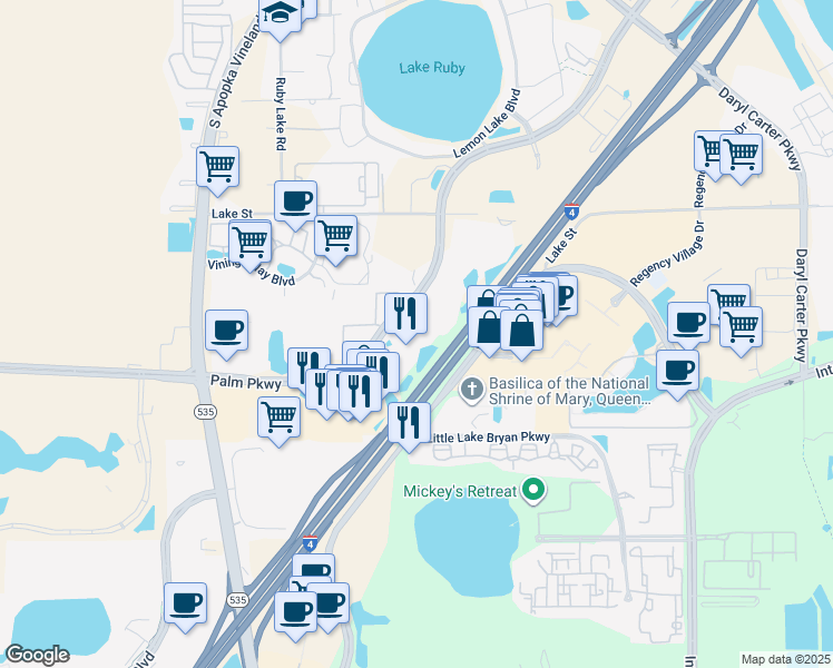 map of restaurants, bars, coffee shops, grocery stores, and more near 8442 Palm Parkway in Orlando