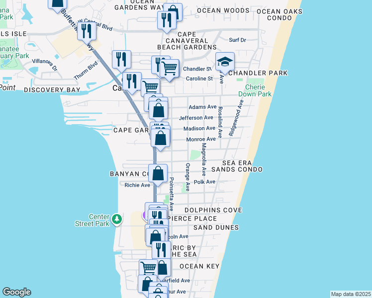 map of restaurants, bars, coffee shops, grocery stores, and more near 7920 Orange Avenue in Cape Canaveral