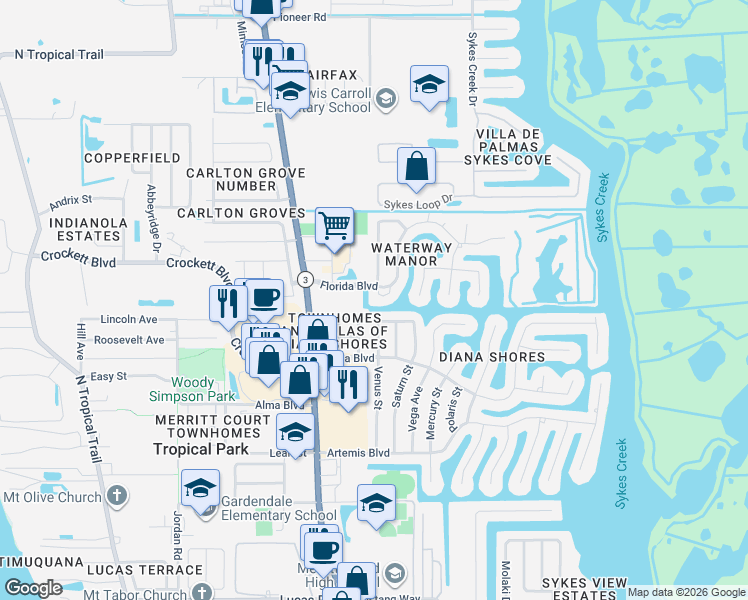 map of restaurants, bars, coffee shops, grocery stores, and more near 15 Florida Boulevard in Merritt Island