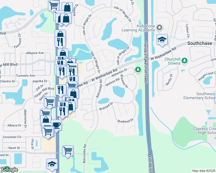 map of restaurants, bars, coffee shops, grocery stores, and more near 1549 Abberton Drive in Orlando